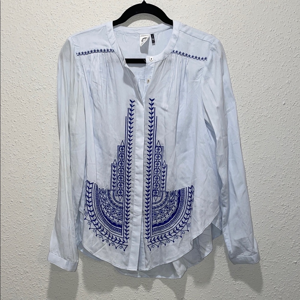 Anthropologie Light Blue Button Down with Blue Embroidery